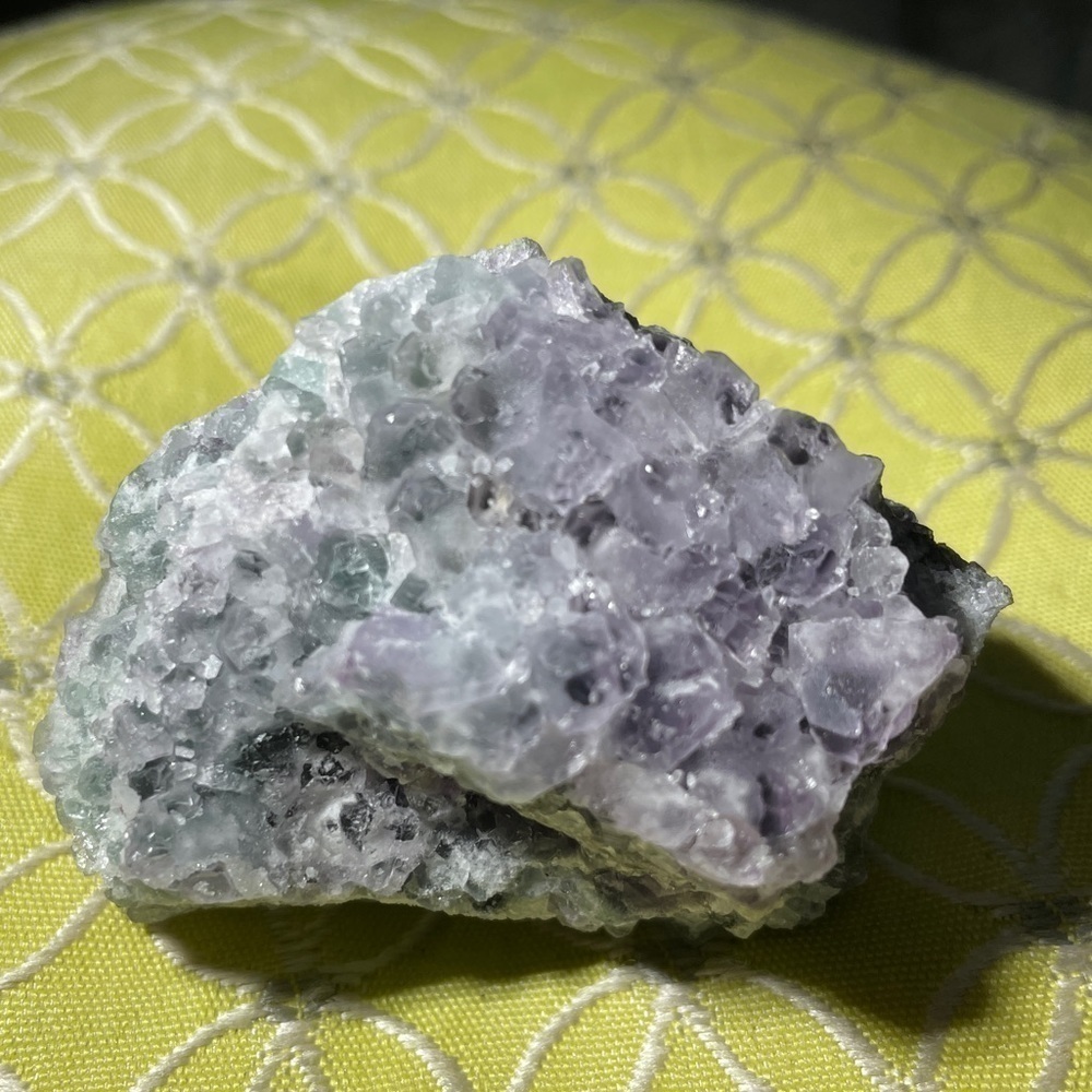 Raw crystal- purple and green fluorite w/ sugar calcite- 2”x2” baby cubes-palm
